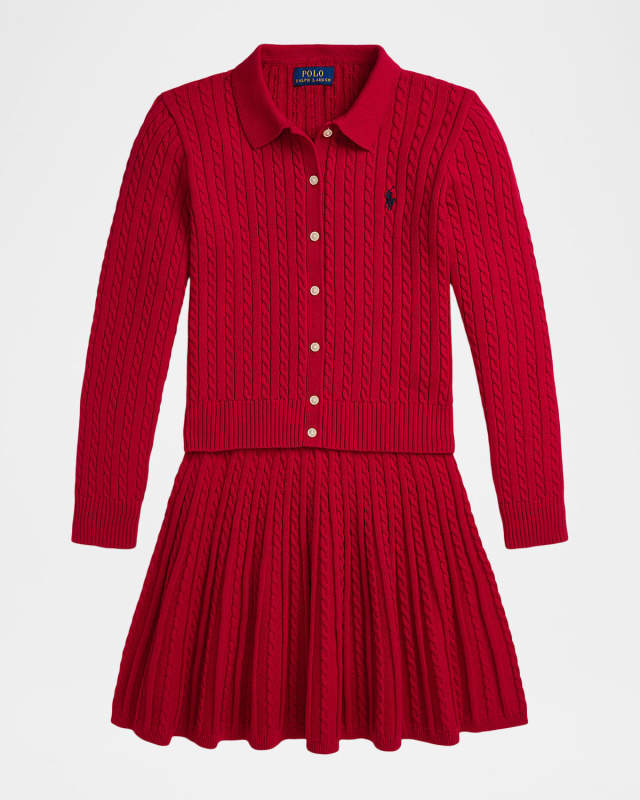 Girl's Cotton Polo Cardigan & Skirt Set, Size S